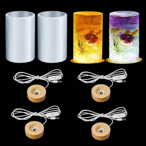 6Pcs Resin Silicone Molds Set for Cylinder Light Making 2 Resin Molds & 4 Wooden Lighted Base Stands DIY Table Candle Light Crafts Gift Home Desktop Wedding Festival Decoration