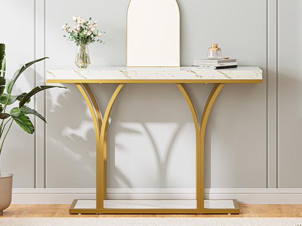 DWVO Gold Console Table with LED Lights, White and Gold Entryway Table, Modern Narrow Sofa Side Foyer Accent Table with Faux Marble Top Luxury for Hallway, Living Room