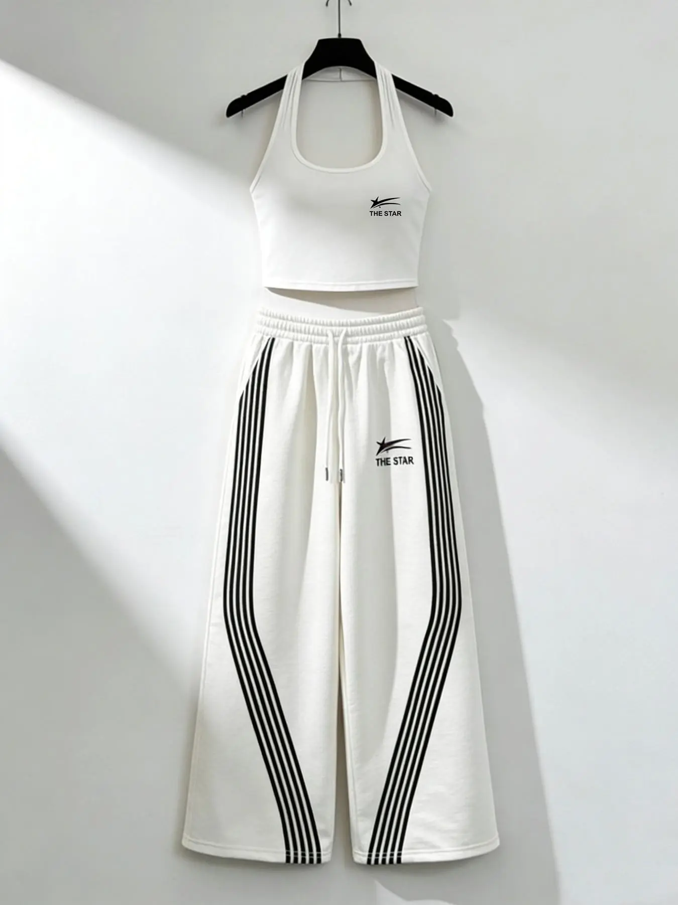 Sexy Halter Top Sleeveless & High Waist Wide Leg Pants Set, Outfit, Chic, Vintage Striped Design, Comfortable Breathable Fabric, Street Style, Casual Wear, Womenswear