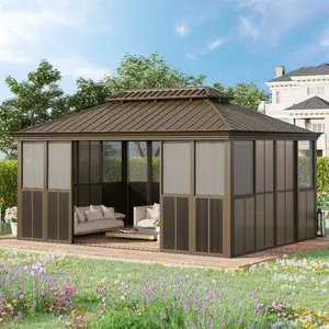 12' x 16' Sunroom Patio Hardtop Gazebo with Double Roof & Aluminum Frame, All-Season Outdoor Solarium with Sliding Doors and Sliding Mesh Windows