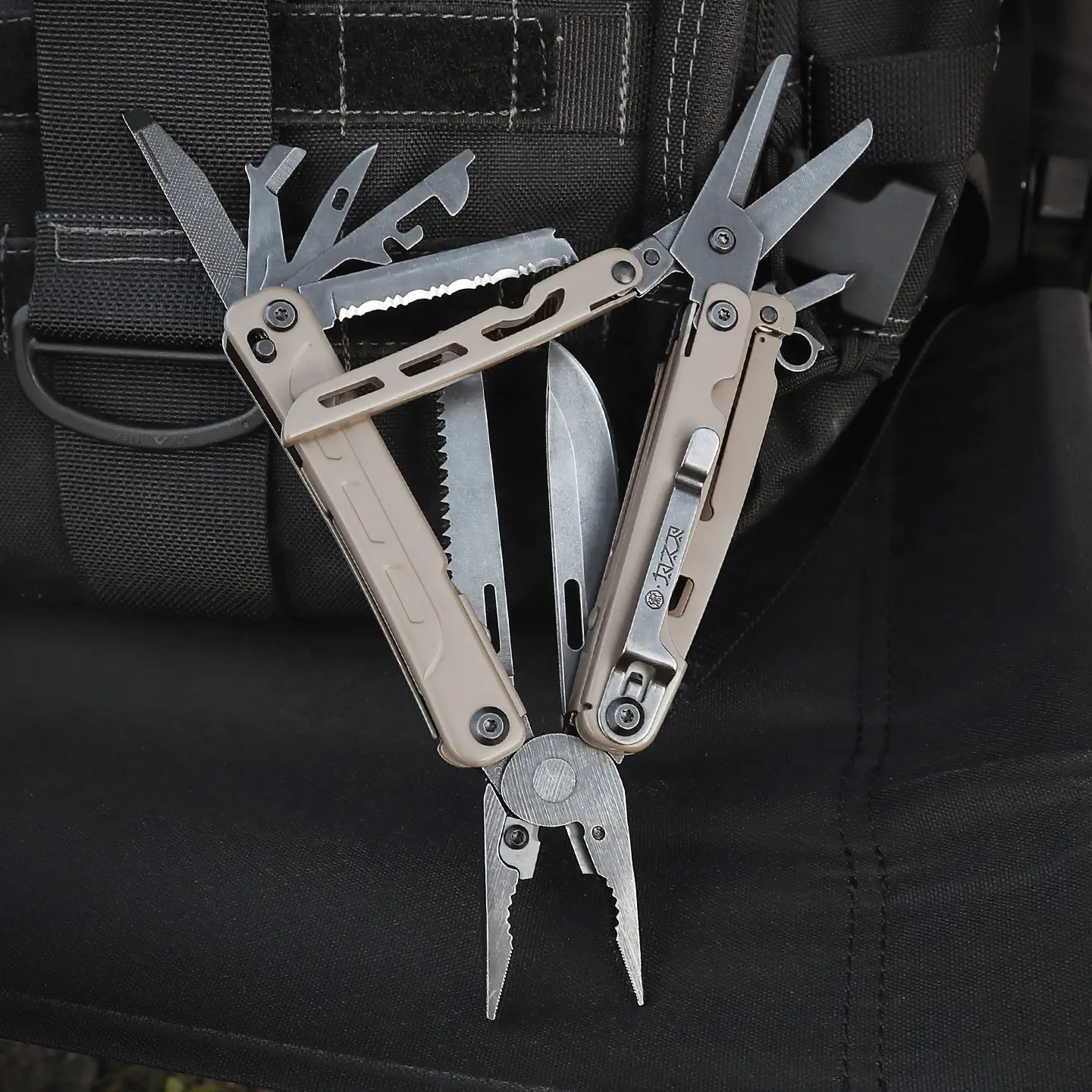 WESVE MT-12 Desert-Colored D2 Steel 20-in-1 Multifunctional Hand Tool - Folding Knife, Scissors, Saw, Screwdrivers, Serrated Blade, Bottle Opener, Can Opener, Awl, File, Wire Stripper, Multitool Blades - EDC for Outdoor Camping, Work Use