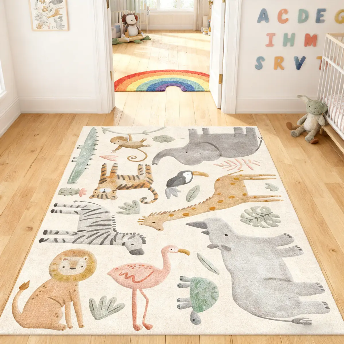 Cream Color Nursery Carpet, Nordic Style Animal Series Play Mat, Cute Cartoon Pattern Rug, Pet Friendly Non-Slip, Soft Plush, Fluffy Nursery Rug, Machine Washable Rug