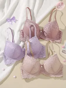 Multi-coloured ladies' solid-colour floral lace bra, Lingerie, with bow detailing and underwired Medium support, comfortable and breathable with adjustable spaghetti straps and scalloped hemline for a flattering fit, suitable for everyday wear