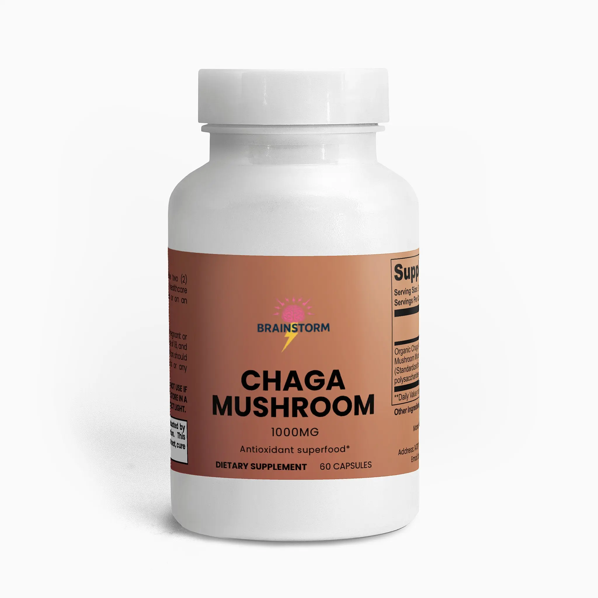 Brainstorm Nootropic Organic Chaga Mushroom Dietary Supplement Capsules - 60 Vegan, 400mg, Chemical-Free, Polysaccharide-Rich Capsules for Adults, Clean Natural Ingredients, Immune Boost, Digestive & Overall Balance Support