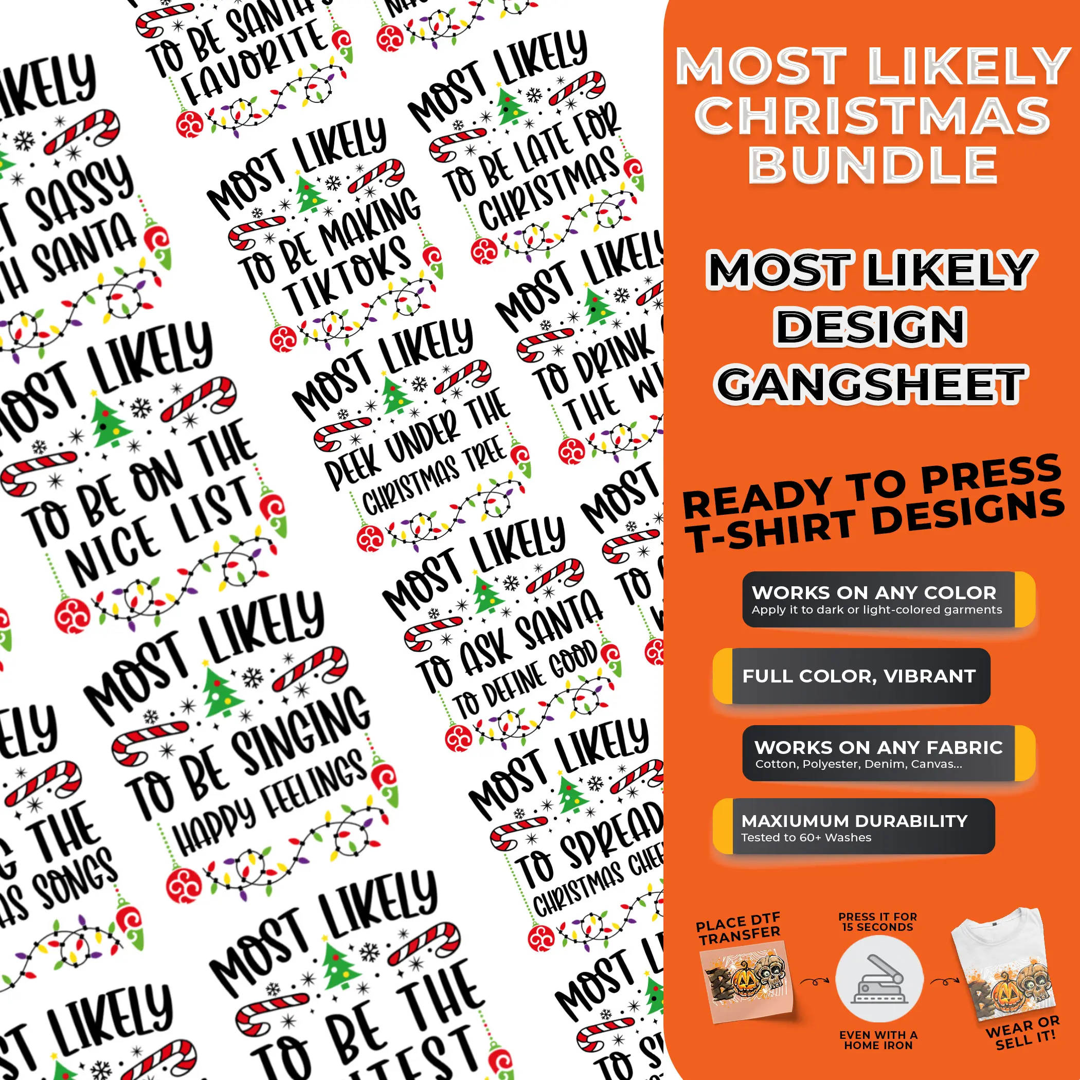 15 PCS Christmas DTF Heat Transfer Bundle 'Most Likely to Be Santa’s Favorite' Family Matching Shirt Designs Black & White Variations