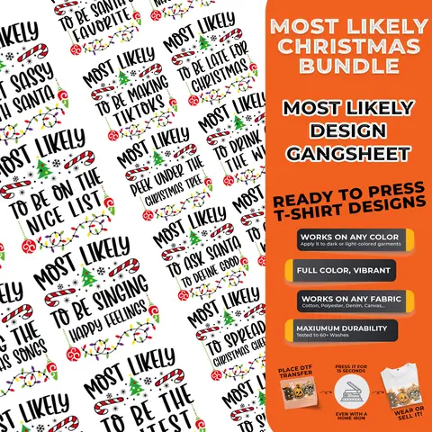 15 PCS Christmas DTF Heat Transfer Bundle 'Most Likely to Be Santa’s Favorite' Family Matching Shirt Designs Black & White Variations