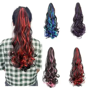 Synthetic 18Inch Long Curly Ponytail Claw Clip in Hair Extension  Mixed Blue Red Ponytail Hairpiece for Wome