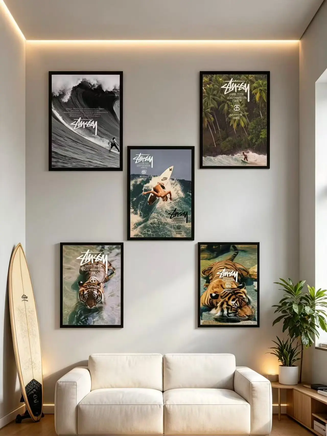 Viral Vintage Streetwear Tiger Surf Canvas Print - Retro Palm Tree Animal Wall Art, Aesthetic Poster for Bedroom, Dorm, Living Room, Office, Cool Gift for Nature Lovers, Trendy Home Decor