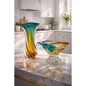 Aurora Vase Set - 2-Piece Oceanic Teal & Golden Amber Gradient Vases for Coffee Tables Kitchen Islands Dining Spaces Entryways Modern Artistry Timeless Design