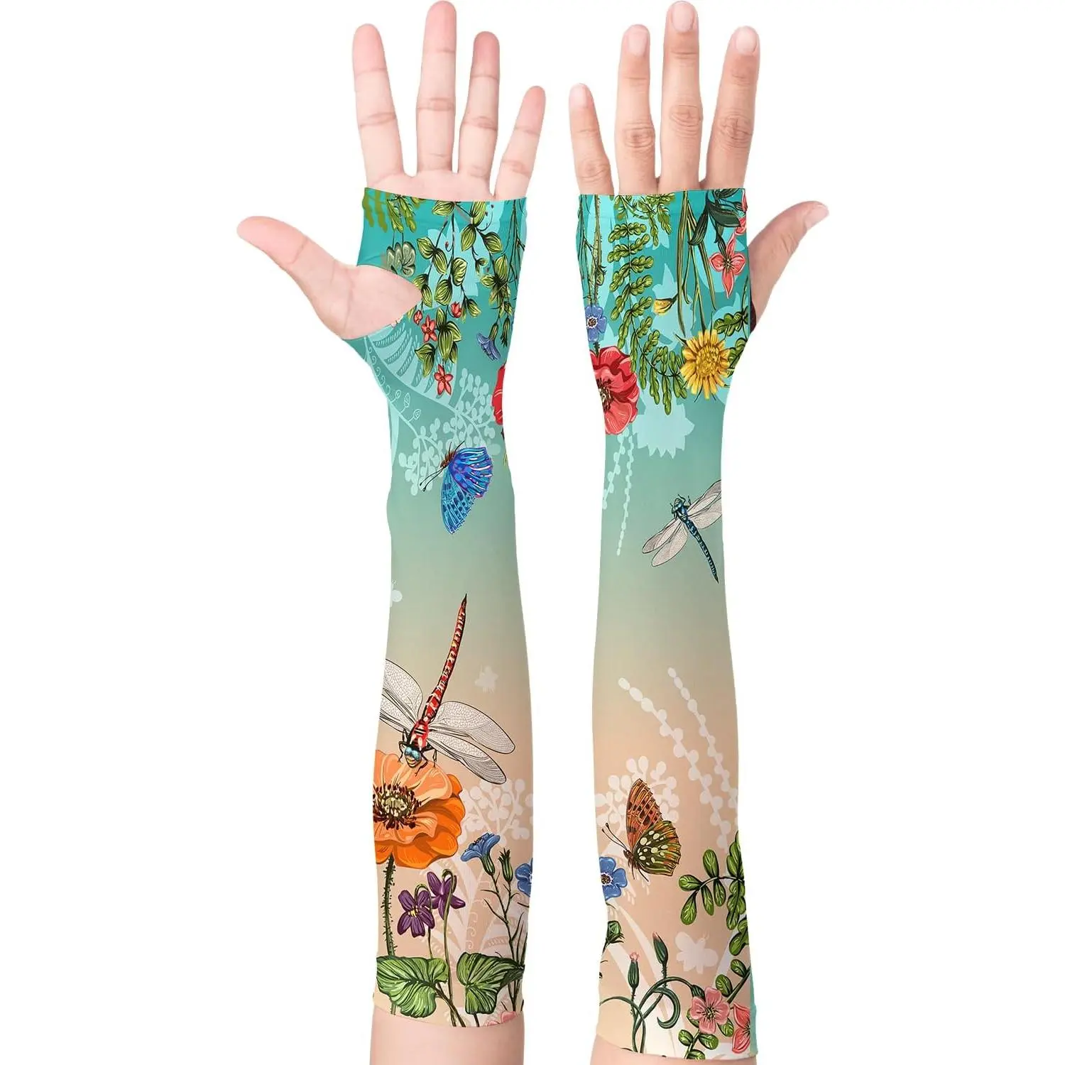 Women's Blue Floral Long Gardening Arm Sleeves - Cooling Sun Protection, Thorn-Proof Full Coverage, Pull On Floral Sports Sleeves & Support for Farm, Outdoor Sports, Long Sleeves, Bluefloral Gardening