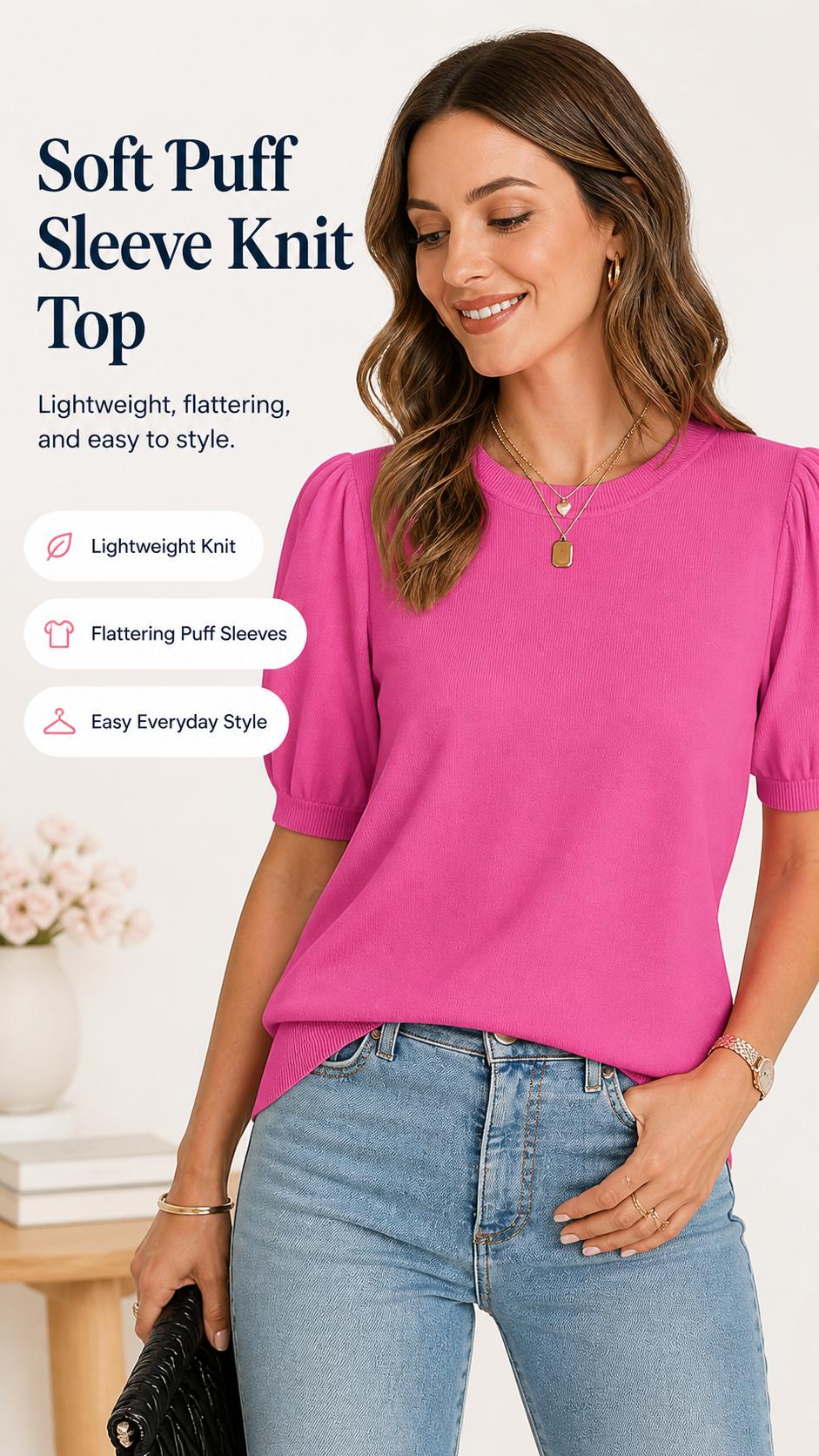 OFEEFAN Women's Puff Short Sleeve 2025 Spring Summer Sweater - Lightweight Knit Top - Business Casual Blouse, Soft & Breathable for Layering OFEEFAN Women's Puff Short Sleeve 2025 Spring Summer Sweater - Lightweight Knit Top - Business Casual Blouse, Soft & Breathable for Layering