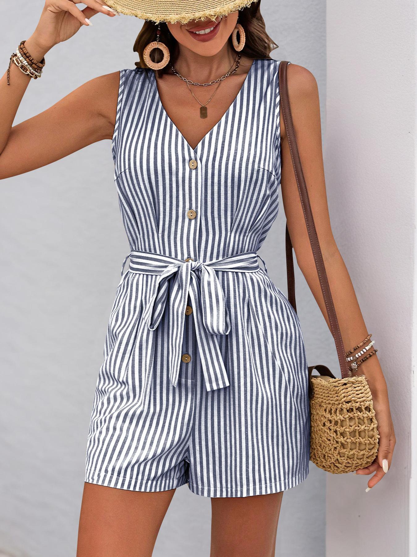 V-neck Sleeveless Striped Jumpsuit Short Pants