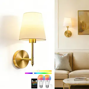 2 Piece LED Rechargeable Wall Light Set, Vintage Gold Silver Fabric Lamp, RGB Adjustable with Remote Control No Wiring Needed, Home Decoration Lamp