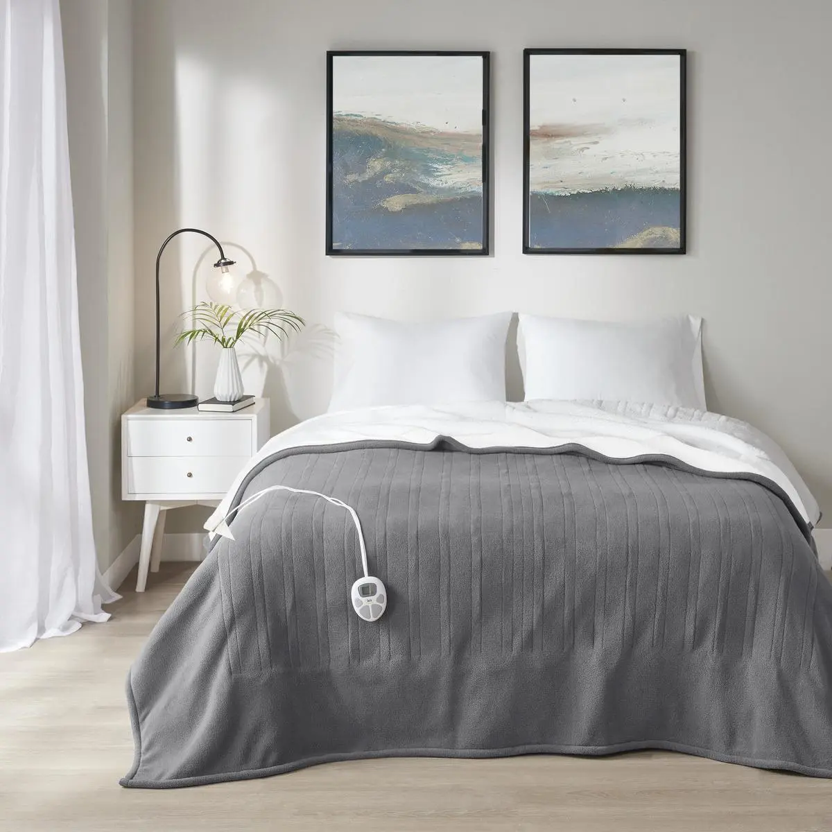 Serta ST54-0105 Solid Dark Grey Reversible Polyester Heated King Blanket - Ultra-Soft Fleece Face, 10 Heat Settings, Automatic Shut-Off Timer, Machine Washable, Body-Warming, Dual Heating System, Extra Warmth
