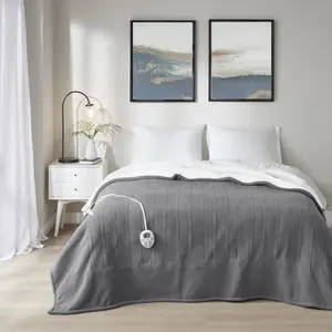 Serta ST54-0105 Dark Grey 100 Percent Polyester Fleece to Sherpa Heated Blanket, King Size