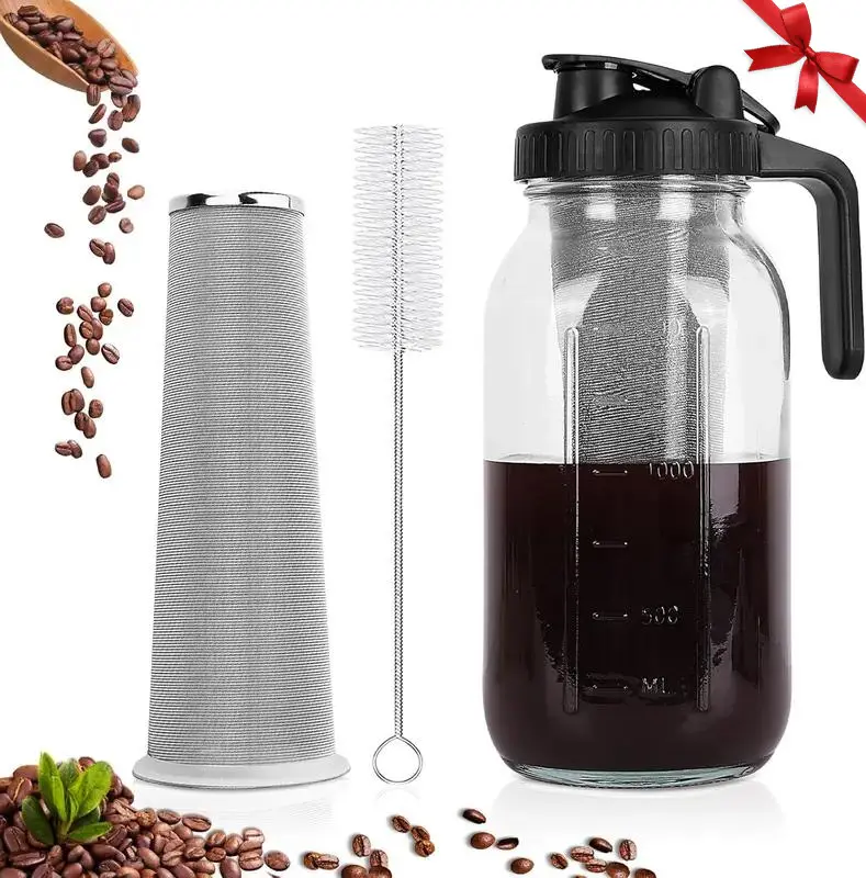 【Black Friday】64oz Glass Mason Jar Cold Brew Coffee Maker Pitcher - BPA-Free Airtight Lid with Stainless Steel Filter,  Iced Tea, Lemonade, Fruit Beverages & Milk Storage Container, Easy Cleaning,Christmas gift