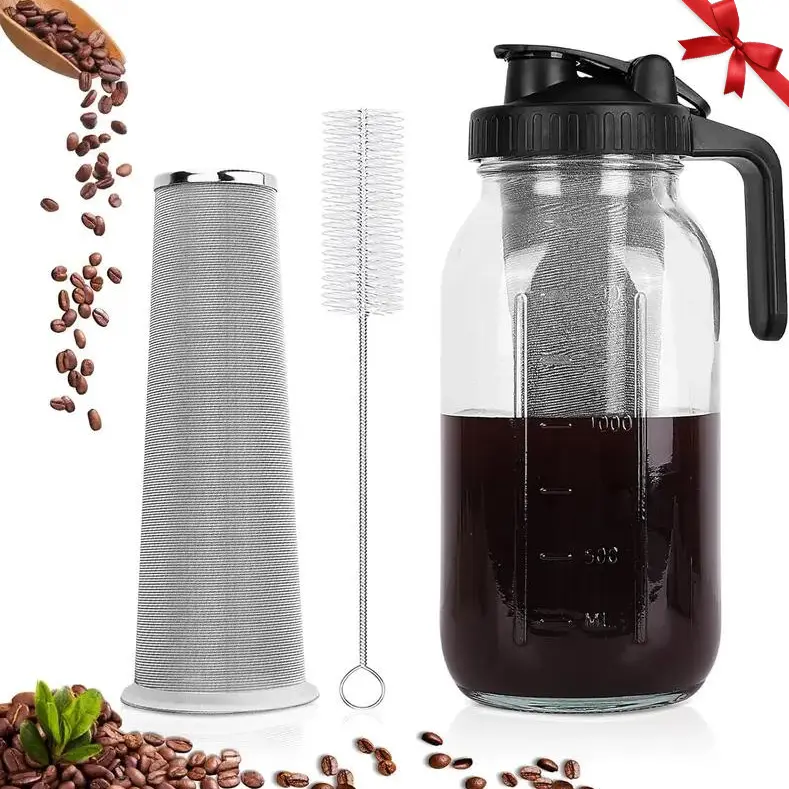 64oz Glass Mason Jar Cold Brew Coffee Maker Pitcher - BPA-Free Airtight Lid with Stainless Steel Filter, Iced Tea, Lemonade, Fruit Beverages & Milk Storage Container, Easy Cleaning,Christmas gift