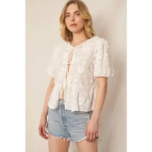 Puff Sleeve Flower Ribbon Top