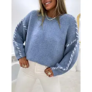 Women's Colorblock Drop Shoulder Sweater, Casual Long Sleeve Round Neck Jumper Tops for Fall & Winter, Sweaters for Women, Fashion Ladies' Knitwear Womenswear for Daily Wear Knitting Crewneck Basic Blue