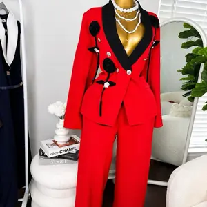 Women's 2-Piece Classy Statement Suit, Womenswear Elegant Blazer Set with Black Floral Detailing