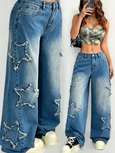 Women's All-Season Streetwear Casual Rapper Vintage Y2k Athleisure Grunge Star Pattern Washed Baggy Jeans