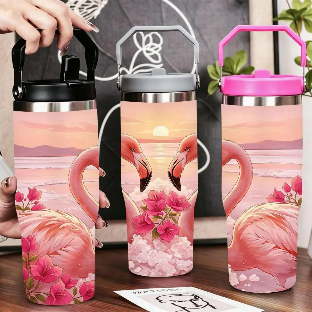 two pink flamingos heart shape pink flowers Stainless Steel Tumbler with Lid & Straw | 40oz 30oz 22oz 20oz 12oz Double Wall Vacuum Insulated Cup, Keeps Cold & Hot, Leak Proof BPA-Free Travel Mug for Gym Office Car