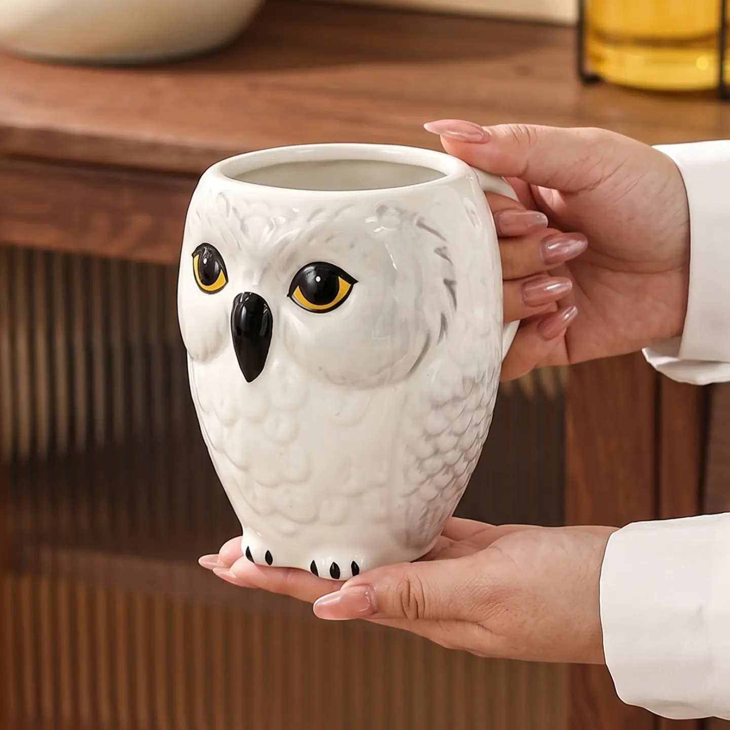 HongDian White Owl Shaped Ceramic Mug,Cute Animal Coffee Tea Cup with Handle,4.28/4.68/3.04 in,Premium Ceramic,SGS Tested Underglaze Fade Resistant,Microwave Dishwasher Sterilizer Safe,Milk Coffee Tea Breakfast Use Office Desk Decor Gift