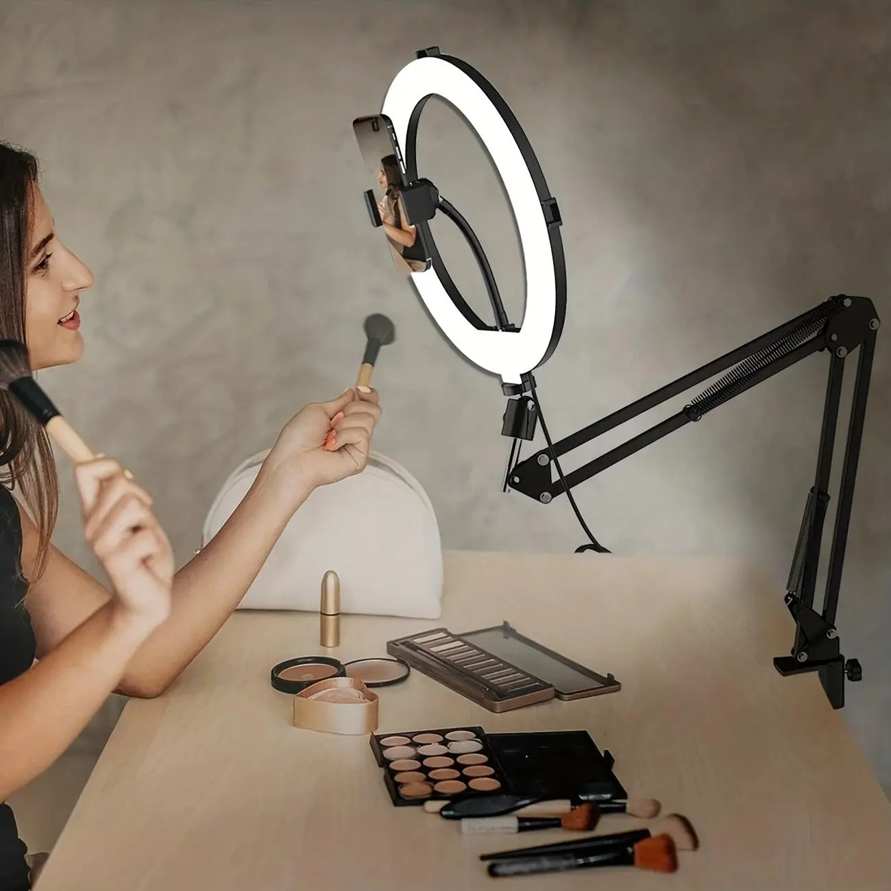 Adjustable Aluminum Alloy Phone Stand with Ring Light, Overhead Desk Arm Mount for iPhone, Multi-Purpose Desktop Holder for Live Streaming, Vlog Stand, Cooking, Painting, Nail Art, Cooking Accessory, Selfie Accessories
