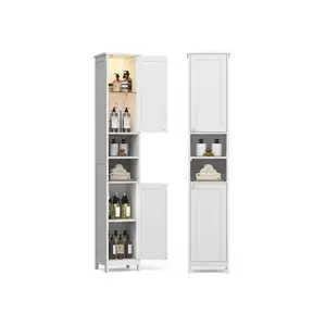 SONGMICS Tall Bathroom Cabinet with Lights, Slim Freestanding Bathroom Storage Cabinet with Adjustable Shelves, for Small Spaces, Modern