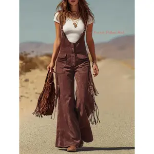 Women's Retro Faux Suede Fringe Wide-Leg Overalls Cargo Pants