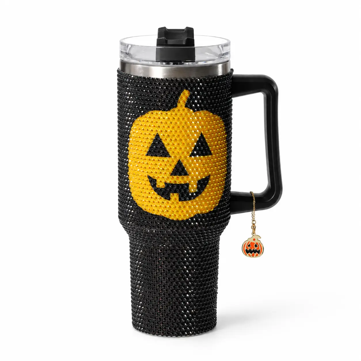 40oz Halloween Pumpkin Rhinestone Tumbler, Stainless Steel Insulated Travel Mug with Lid and Handle, Spooky Season Gift