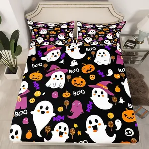 Cartoon Halloween Fitted Sheet,Cute Ghost Pumpkin Bed Sheets,Black Purple Bedding Set Decoration,Kawaii Sheets Set,No Top Sheet