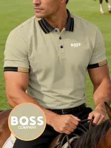 Men's Fashion Bqss Print Polo Shirt, Elastic Casual Breathable All-Season Wear, Comfortable Durable High-End Polo Top