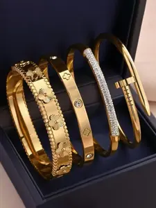 4 Piece Fashion Waterproof Titanium Steel Bracelet Set, Rhinestone Embellished, Plated, Elegant Jewelry Bracelet, Vintage Luxury Style