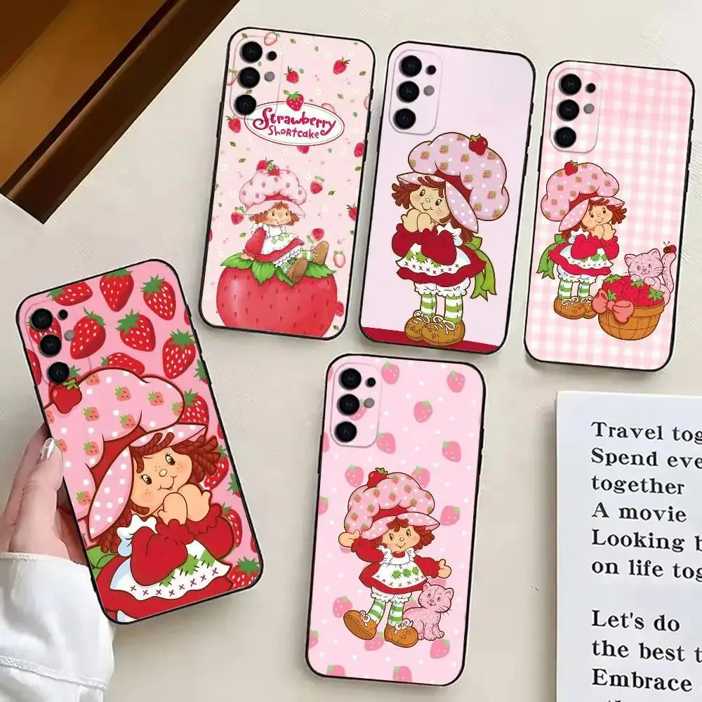 Customized S-Strawberry Shortcake Anime Silicone-TPU Soft Phone Case - Anti-Skid, Dustproof, Shockproof, Lightweight, Black, Compatible with Samsung S26, S25, S24, S23, S22, S21, A14, A15, A16, A35 Ultra, Plus, FE Mobile Accessory