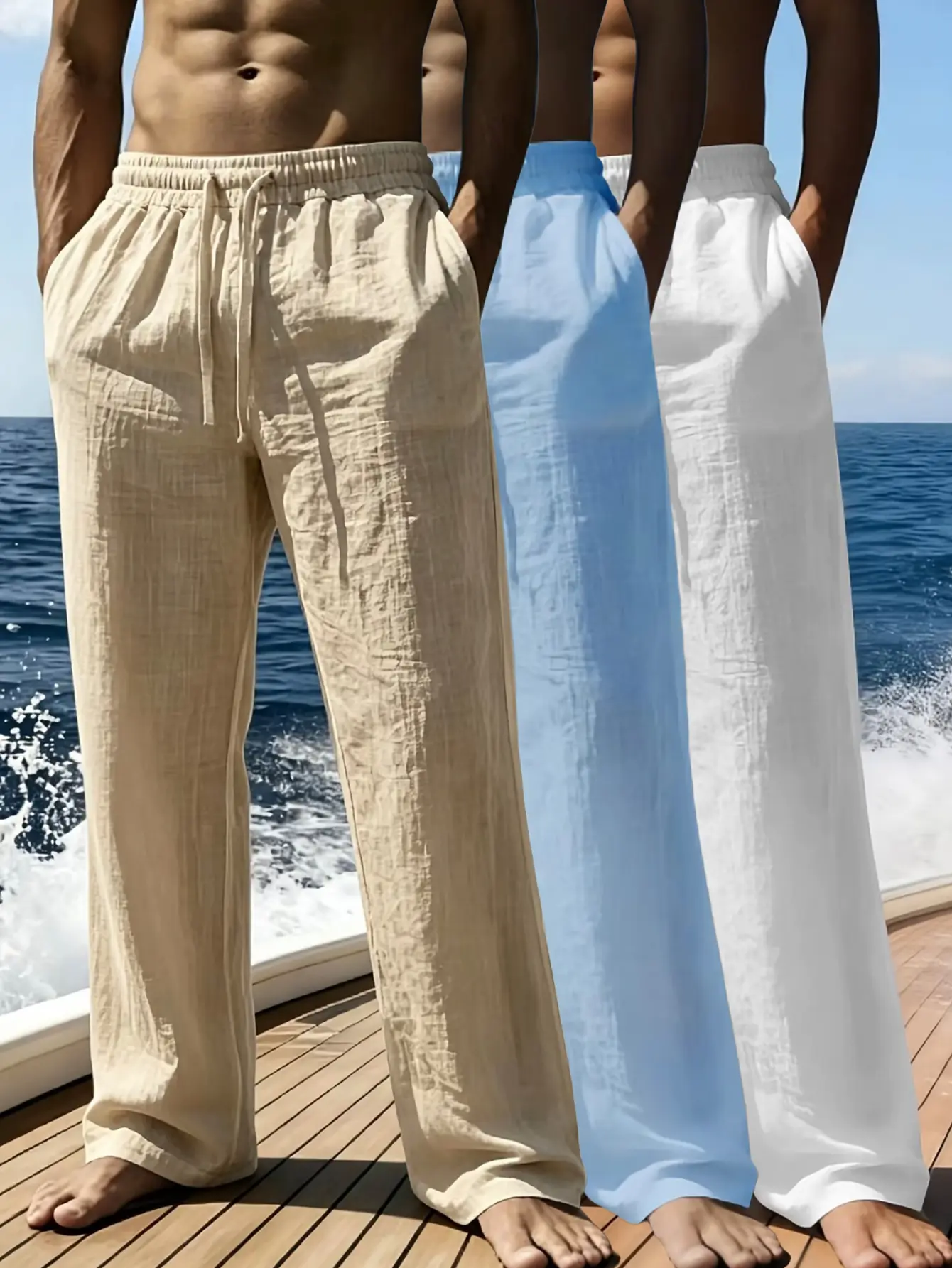 Breathable casual linen trousers equipped with elastic waist and roomy straight cut, natural textured fabric, comfortable loose silhouette, versatile leisure essential for contemporary warm weather mensfashion.