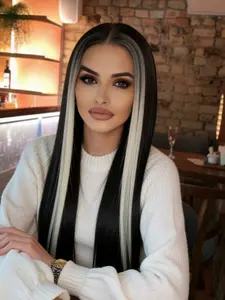Skunk Stripe White Synthetic Lace Front Wig – Glueless HD Wigs Long Straight Mixed Black & White 13x4 Lace Wig for Women, Pre Plucked with Baby Hair, 28 Inch 150% Density Frontal Wigs