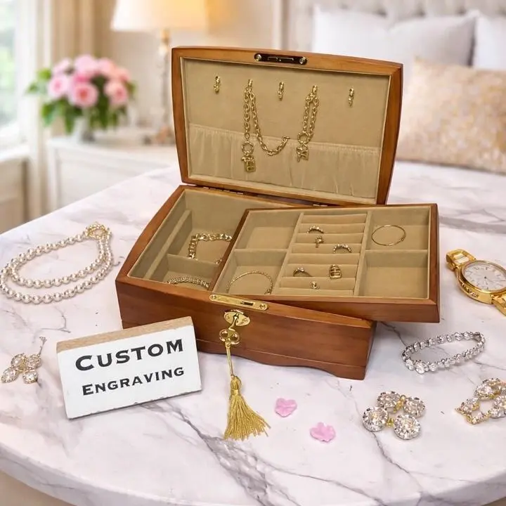 Custom engraved wooden jewelry box personalized engraved wooden jewelry organizer box with gang lock & key. Luxury wood jewelry box