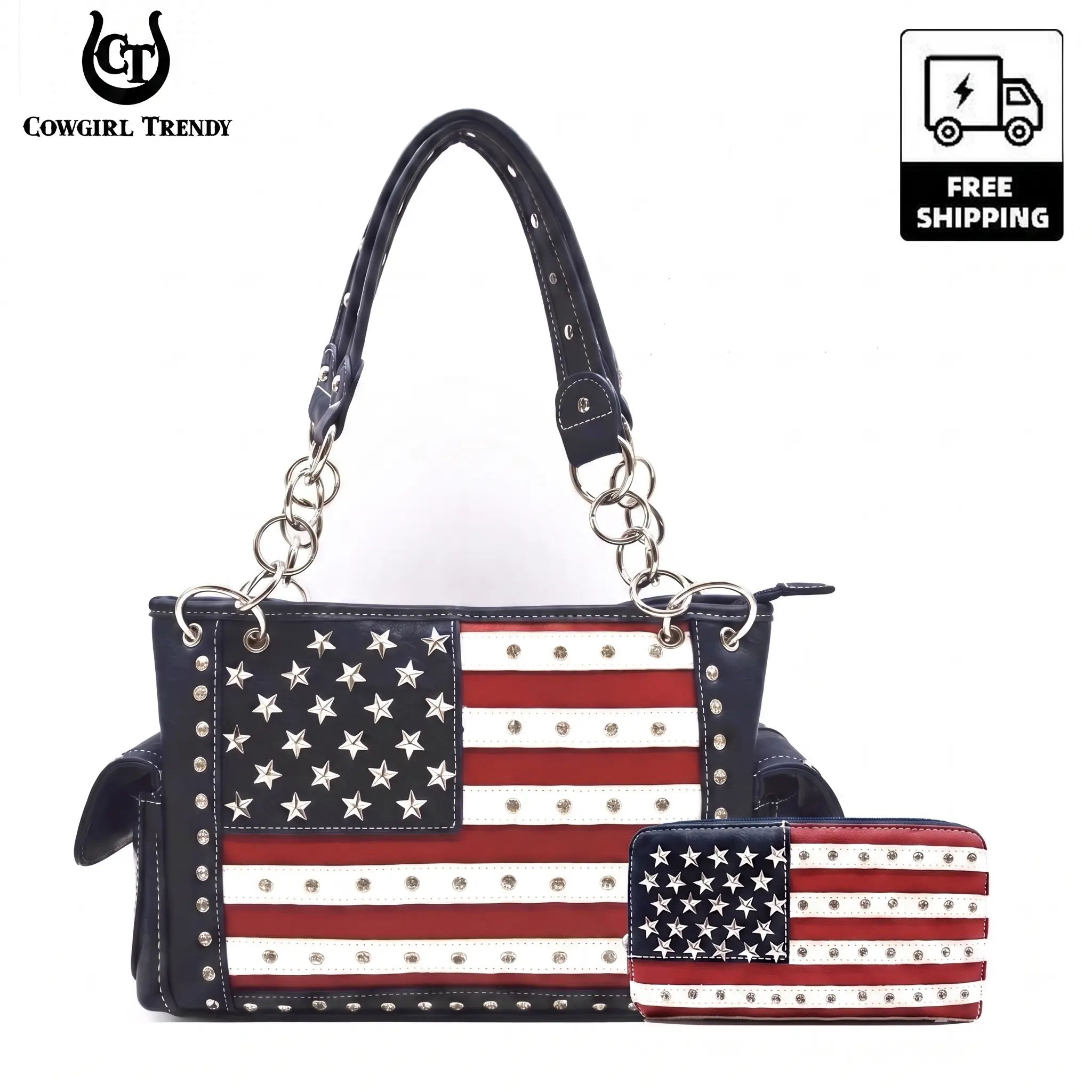 Western Style Studded American Flag Tote Bag with Wallet Set - Trendy Country Fashion Purse for Daily Use, Travel & Patriotic Events
