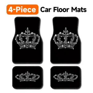 Rhinestone Crown 4-Piece Car Floor Mats, Universal Fit Black Automotive Floor Liners with Sparkly Bling Crown Design, Anti-Slip All Weather Foot Mats for Cars, SUVs, Trucks, Cute Interior Accessories