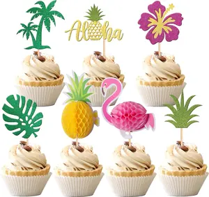 28 PCS Tropical Cupcake Toppers Glitter Leaf Pineapple Flower Palm Tree Flamingo Cupcake Picks Aloha Cake Decorations for Summer Hawaiian Luau Theme Baby Shower Birthday Wedding Party Supplies
