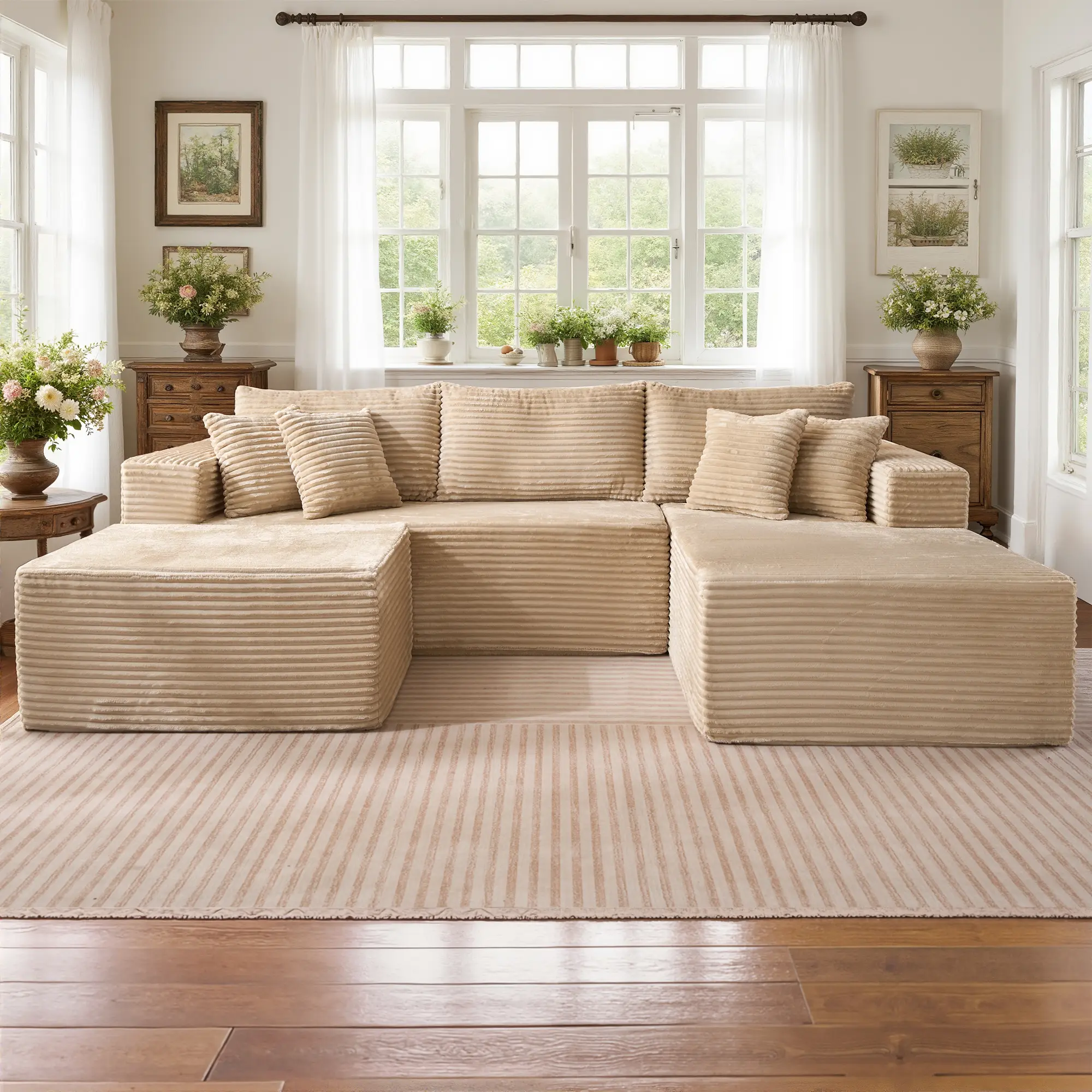 108" Beige U Shaped Right Chaise with Ottoman 2