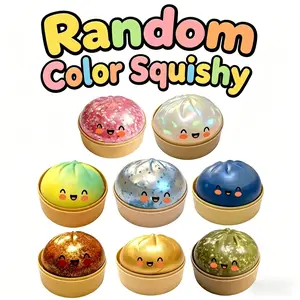 Glittery Expressive Big Dumpling Squishy with Steamer Box, Soft TPR Sensory Fidget Squeeze Item for Stress & Anxiety Relief, Random Style, Easter Basket Stuffer, Calming Pick for Kids & Adults