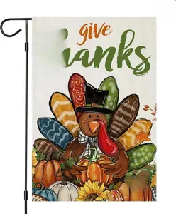 Fall Garden Flags 12x18 Inch Double Sided Give Thanks Thanksgiving Turkey with Pumpkins Small Seasonal Decor for Harvest Autumn Yard Outdoor