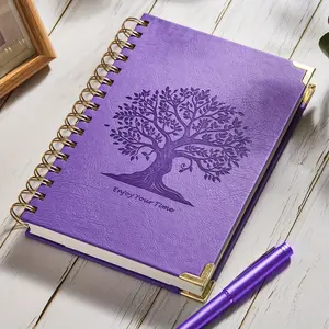[Lined Journal] 300 Pages A5 Spiral Lined Journal Notebook | 100GSM Thick Paper, No Bleed, Faux Leather Cover, Tree Design & Golden Spiral Binding, 5.7" x 8.4", for Office, School Supplies
