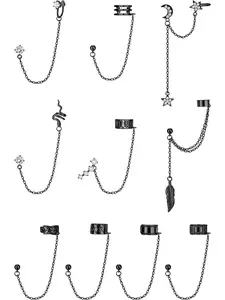 10Pcs Ear Cuff Earrings Chain for Women Snake Feather Ear Cuff Moon Star Ear Climber Helix Cartilage Crawler Earrings Tassel Chain Ear Cuff Earrings for Women Girls Witchy Jewelry Dainty Fashion Jewelry