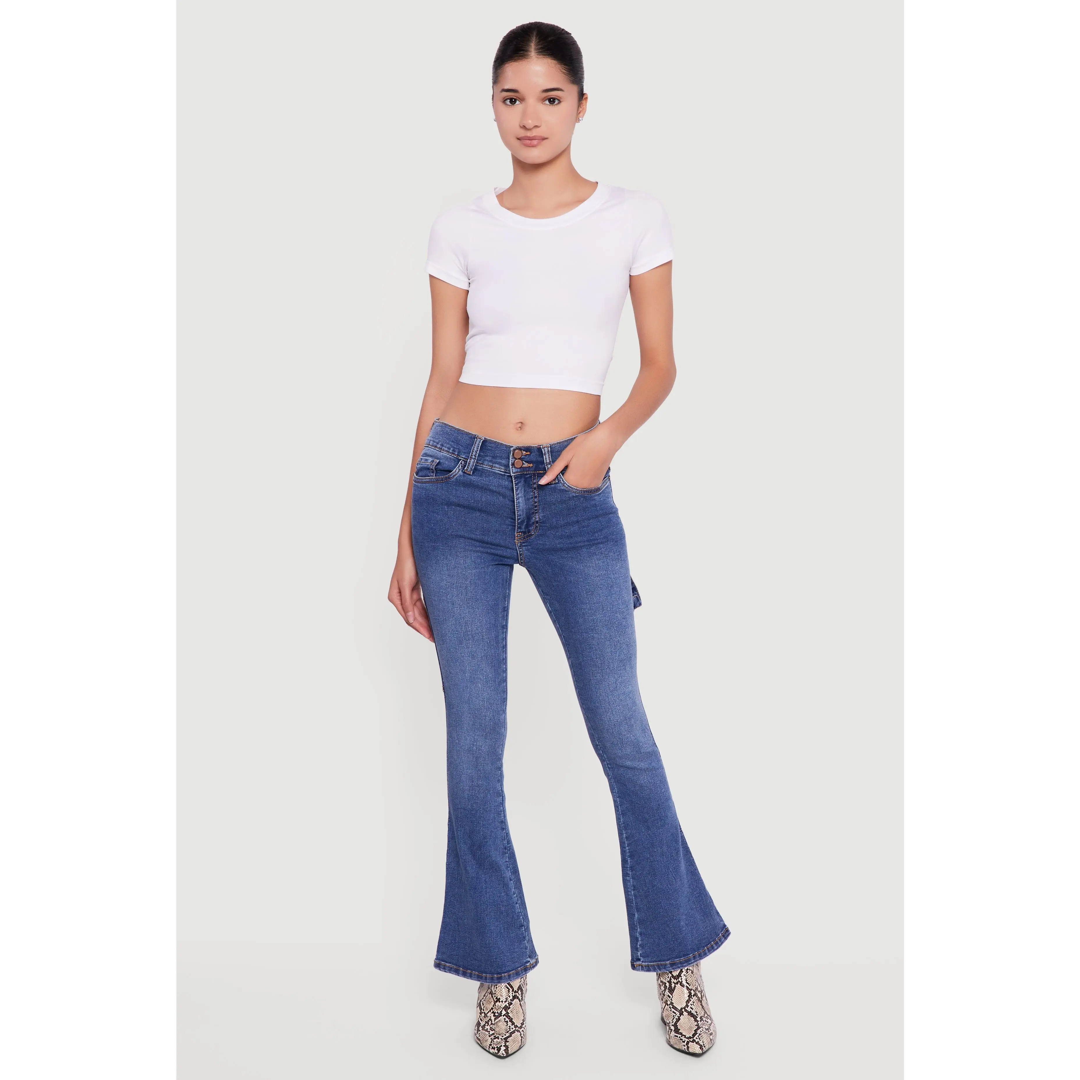 Mid Rise Stretchy Carpenter Flare Leg Jeans