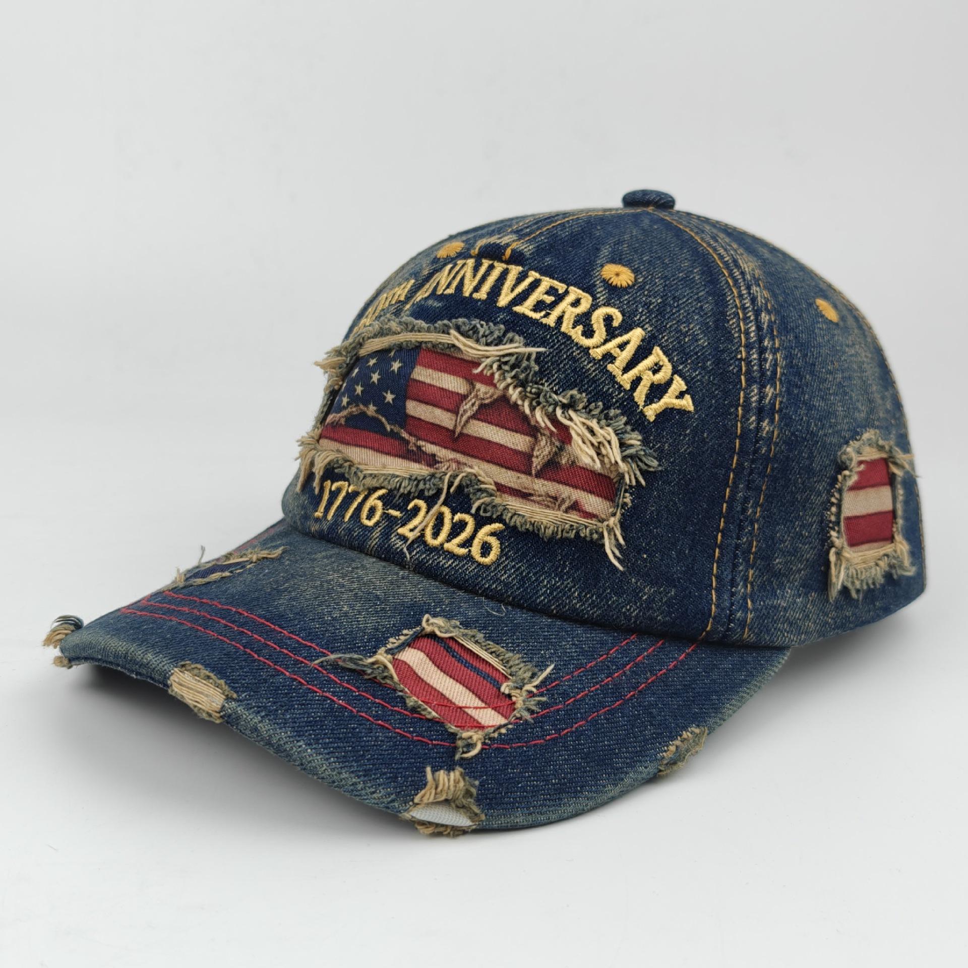 250th Anniversary Baseball Cap, USA 1776-2026, Patriotic Fashion Casual Style, Pairs well with ripped jeans and embroidered map of the United States.