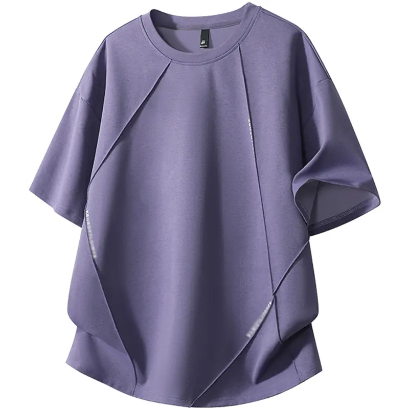 Men's American Deconstructed Short-Sleeve Crew Neck T-Shirt - Asymmetrical Patchwork, Plain, Rivets, Polyester, Normal Type, Machine Washable, Foldable, Stylish Casual Streetwear Top, Father's Day Gift
