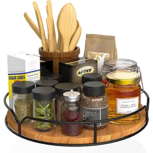 Lazy Susan Turntable Organizer for Cabinet Pantry Kitchen Countertop Refrigerator Cupboard, Pine Wood, 9", Carbonized Black